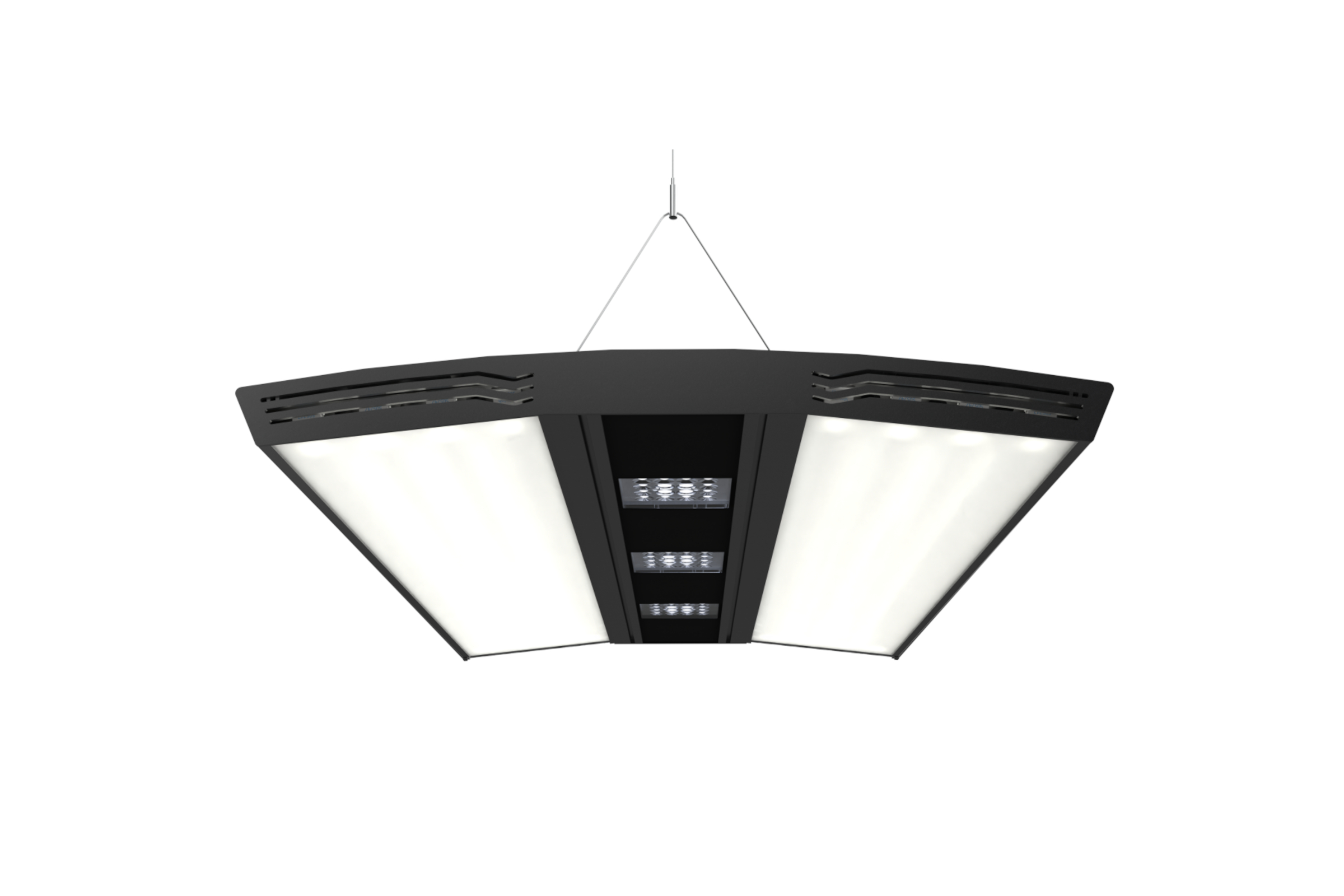 Schwarze LED-Hallenleuchte, hängend, 3 Panels